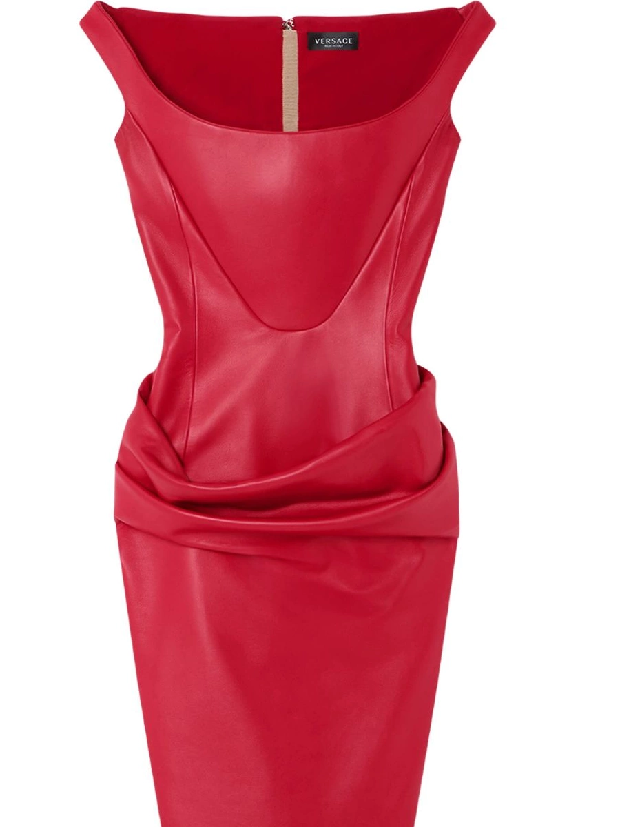 Affordable leather dress Women draped corset Versace midi 0415